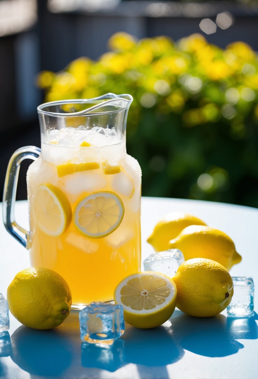 A pitcher filled with frozen lemonade concentrate surrounded by fresh lemons and ice cubes on a sunny outdoor table