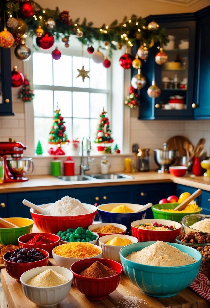 A festive kitchen filled with colorful ingredients, mixing bowls, and an array of decadent dessert recipes for a Christmas bake-off