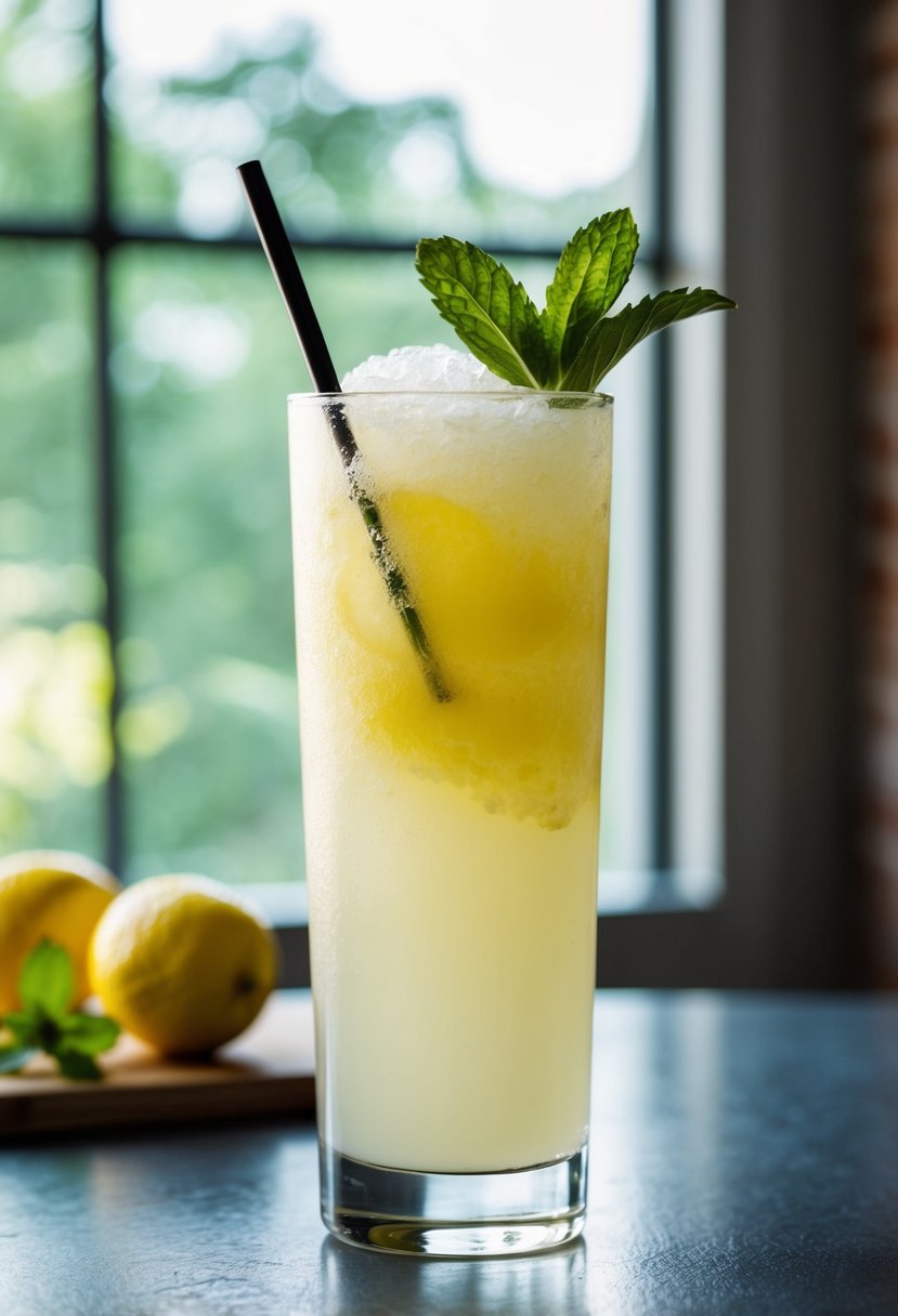 A tall glass filled with slushy lemonade, garnished with a sprig of fresh mint