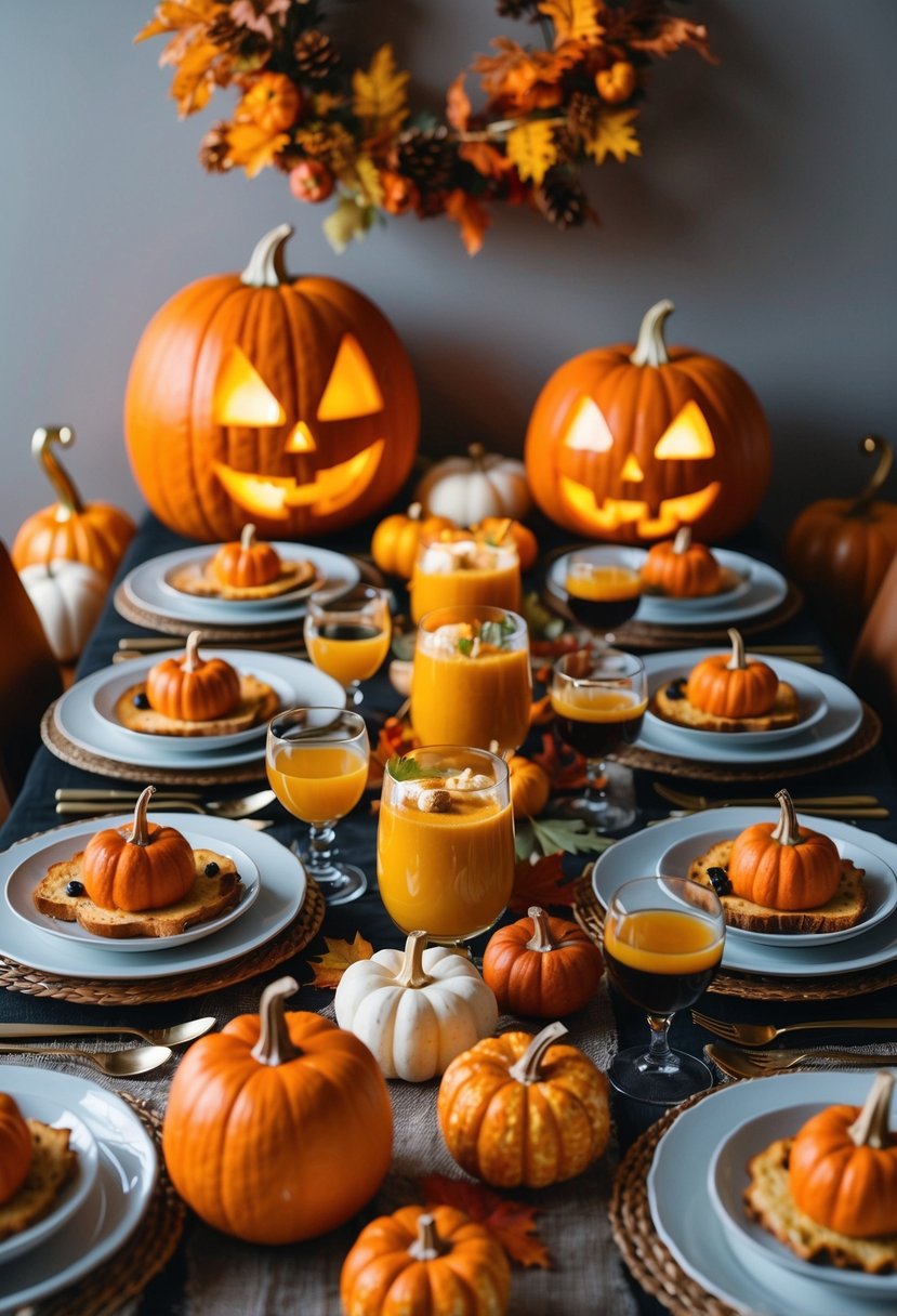 A table adorned with festive Halloween brunch dishes and drinks, surrounded by autumn decorations and glowing jack-o-lanterns