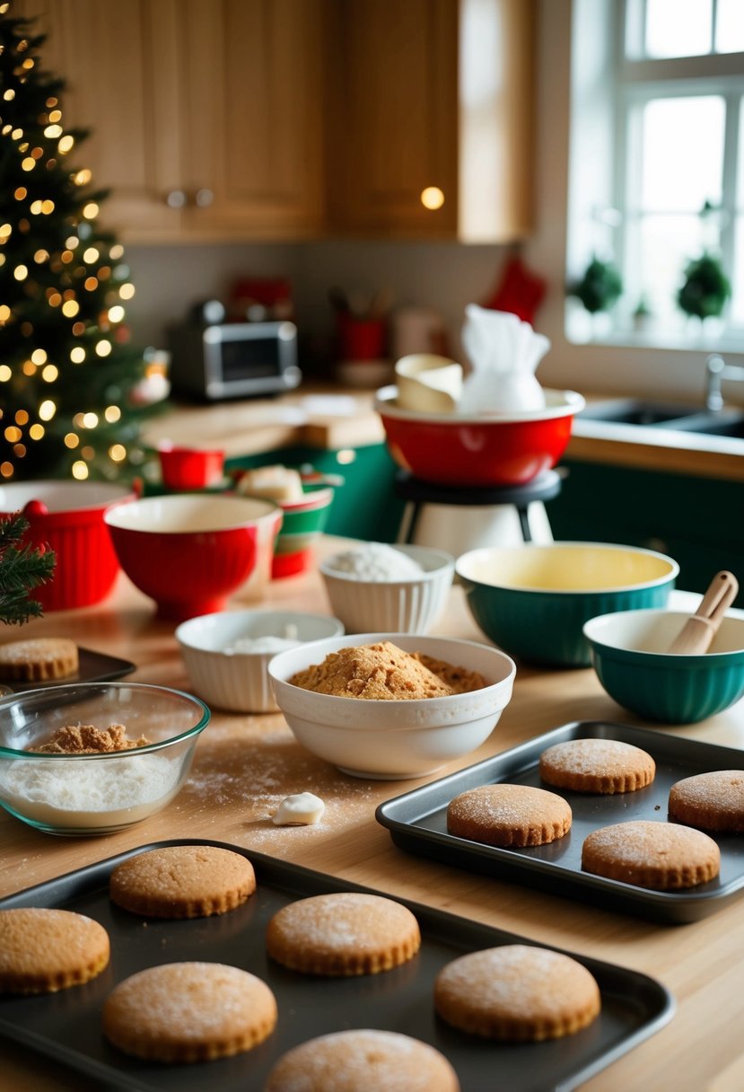 A festive kitchen scene with gingerbread lamingtons being prepared for a Christmas bake-off competition. Ingredients, mixing bowls, and baking trays are scattered across the counter