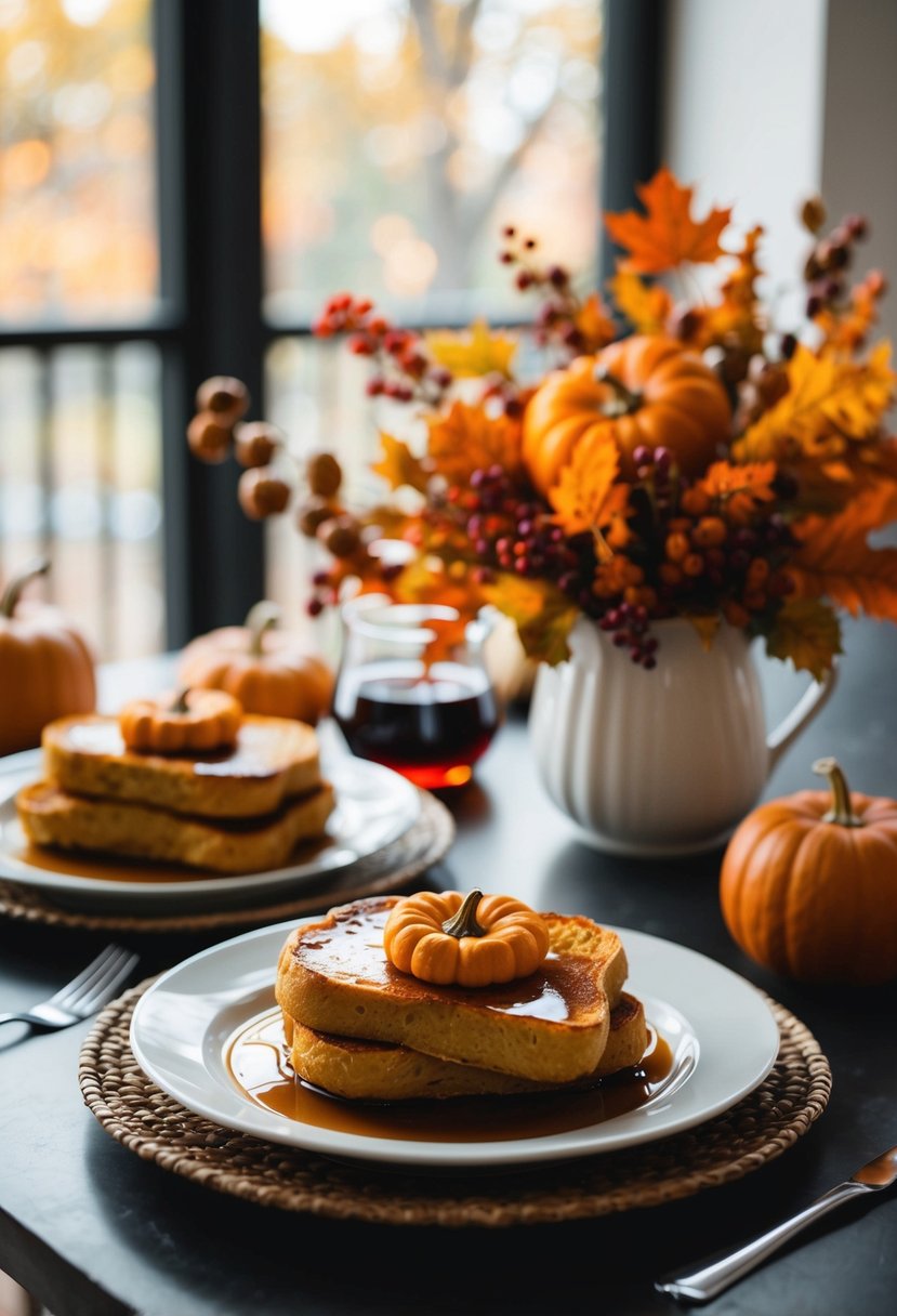 A table set with pumpkin spice French toast, maple syrup, and autumn decorations