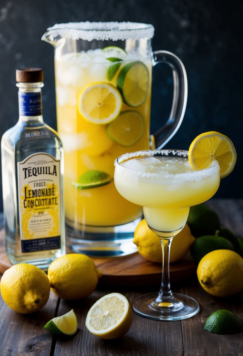 A pitcher of frozen lemonade concentrate, tequila, and fresh lemons on a wooden table with a glass filled with a refreshing Boozy Lemonade Margarita