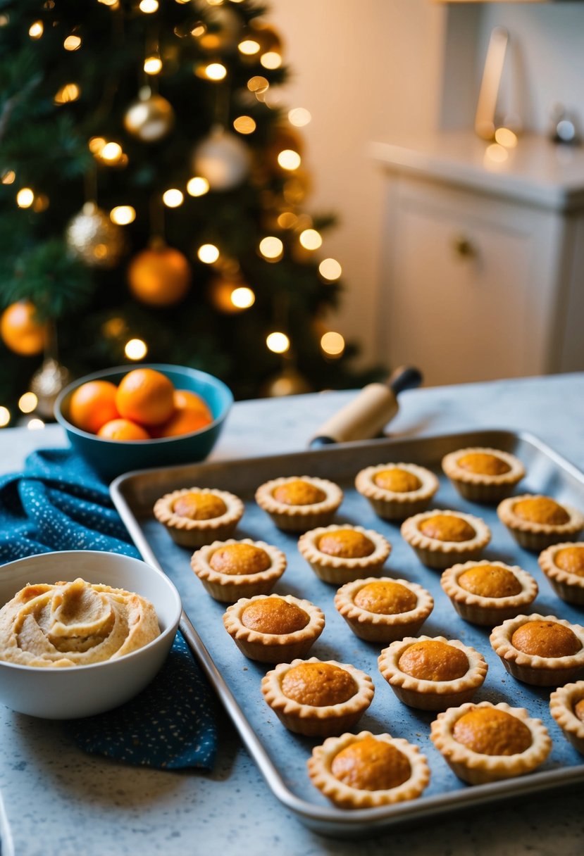 A festive kitchen counter with a tray of spiced orange mince pies cooling next to a bowl of filling and a rolling pin