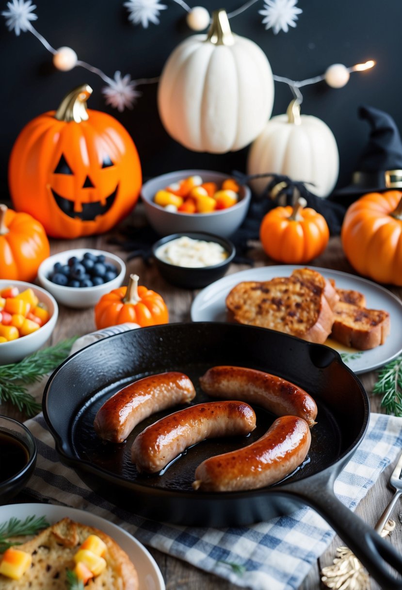 Maple glazed sausages sizzling on a skillet, surrounded by festive Halloween decorations and a spread of brunch ingredients