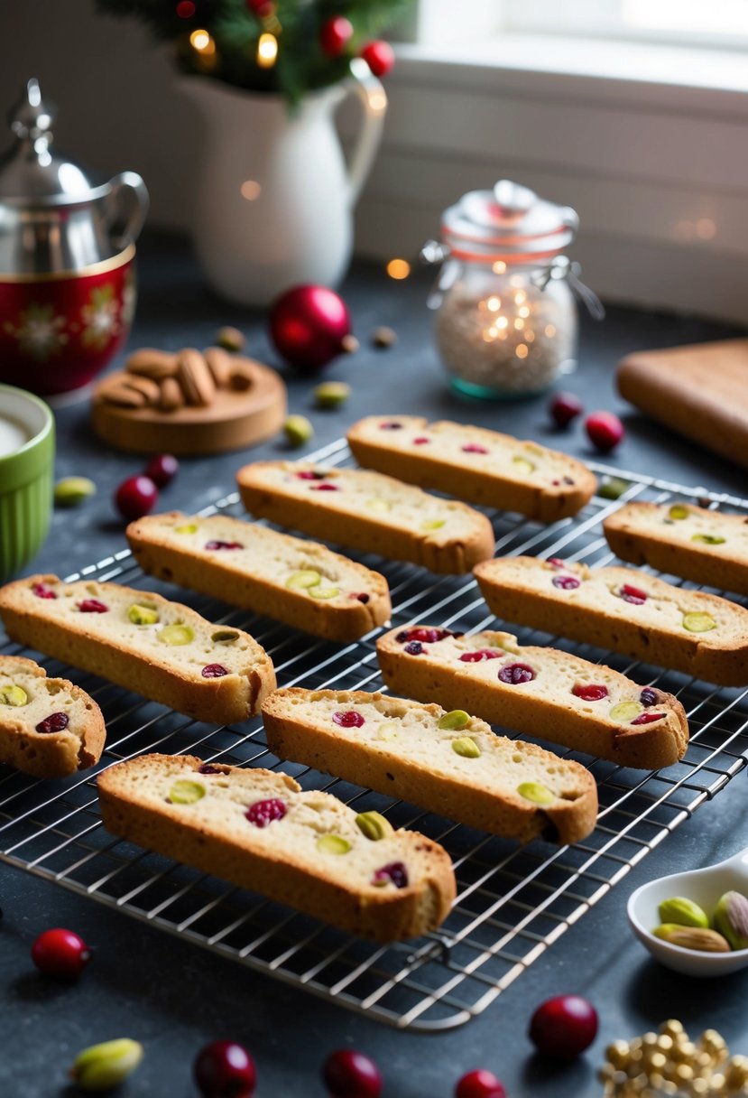 A festive kitchen counter with freshly baked pistachio cranberry biscotti cooling on a wire rack, surrounded by holiday baking ingredients and decorations