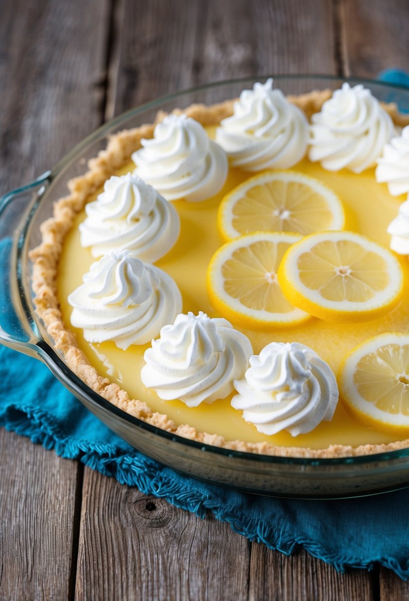 A glass pie dish filled with a frozen lemonade pie, topped with whipped cream and lemon slices, sitting on a rustic wooden table