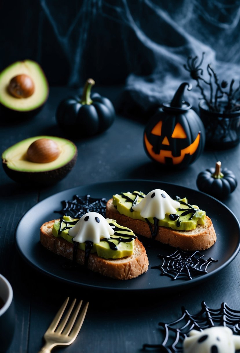 A dark, eerie brunch table with avocado toast, adorned with spooky Halloween-themed toppings like ghost-shaped cheese and spiderweb-inspired drizzles