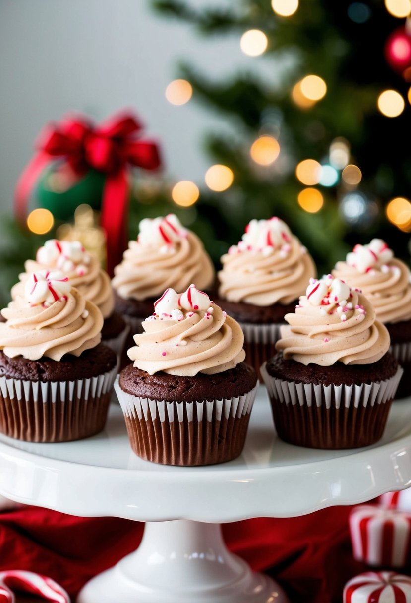 A festive display of peppermint mocha cupcakes on a holiday dessert table