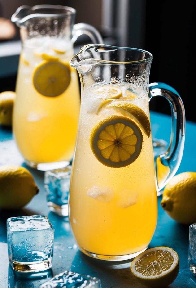 A pitcher of sparkling lemonade punch sits on a table, surrounded by fresh lemons and ice cubes. Sunlight catches the condensation on the glass, creating a refreshing and inviting scene