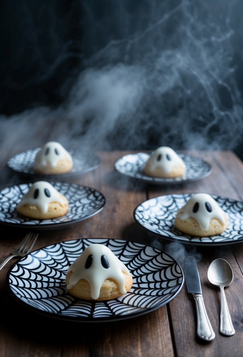 A table set with ghost-shaped scones, spiderweb-patterned plates, and eerie fog creeping across the surface