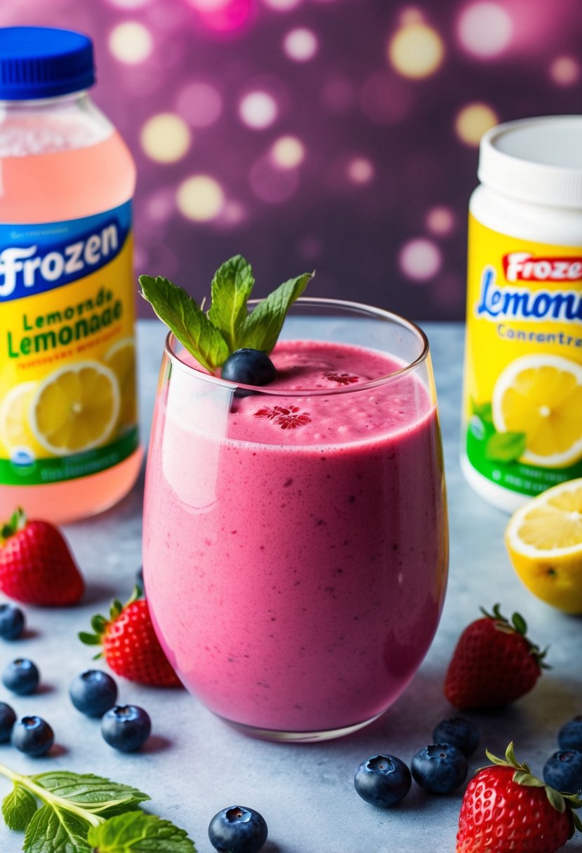 A glass filled with a vibrant pink berry lemonade smoothie, surrounded by fresh berries and a sprig of mint, with a frozen lemonade concentrate container in the background