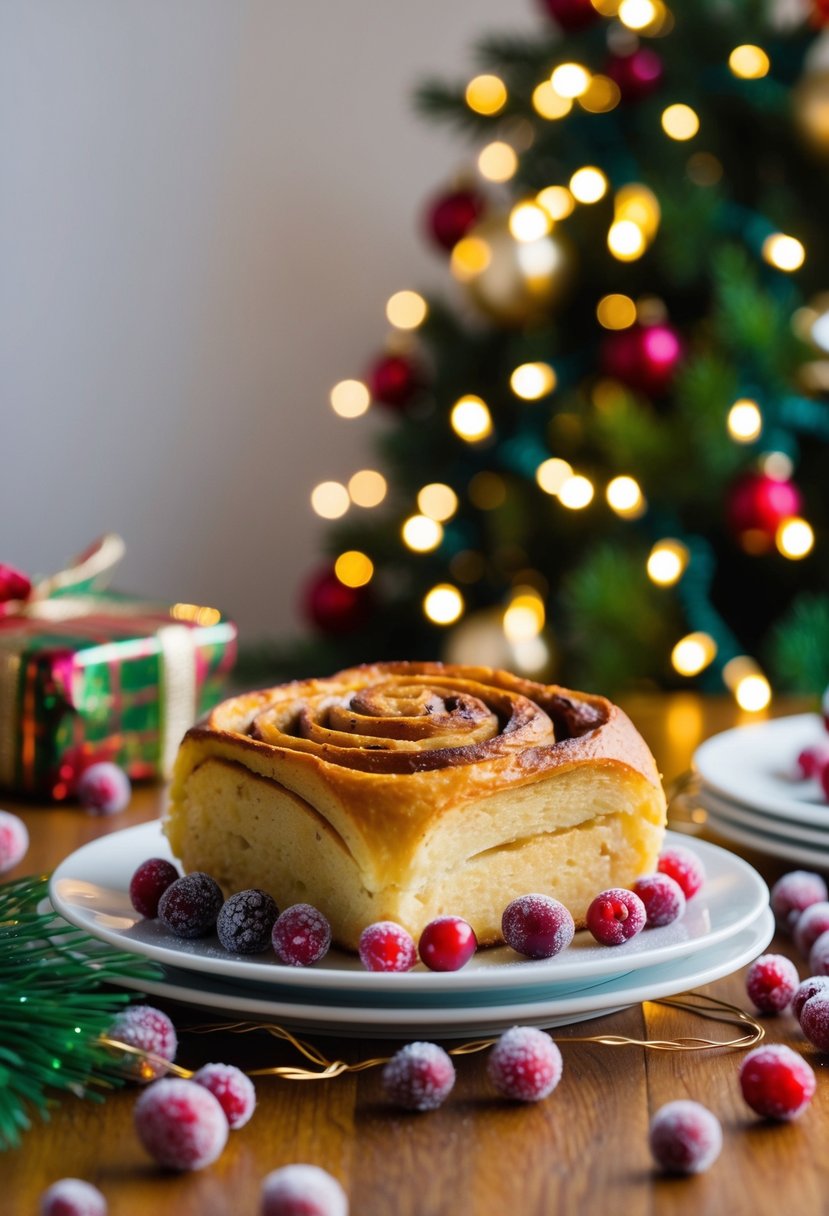 A warm, golden-brown cinnamon roll bread pudding sits on a festive holiday table, surrounded by twinkling lights and sugared cranberries