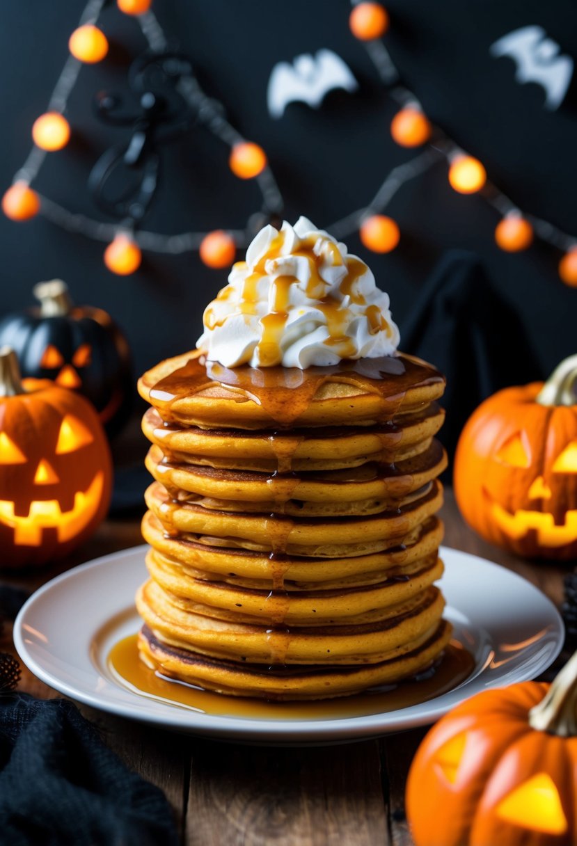 A stack of pumpkin-shaped pancakes topped with whipped cream and syrup, surrounded by spooky decorations and lit jack-o’-lanterns