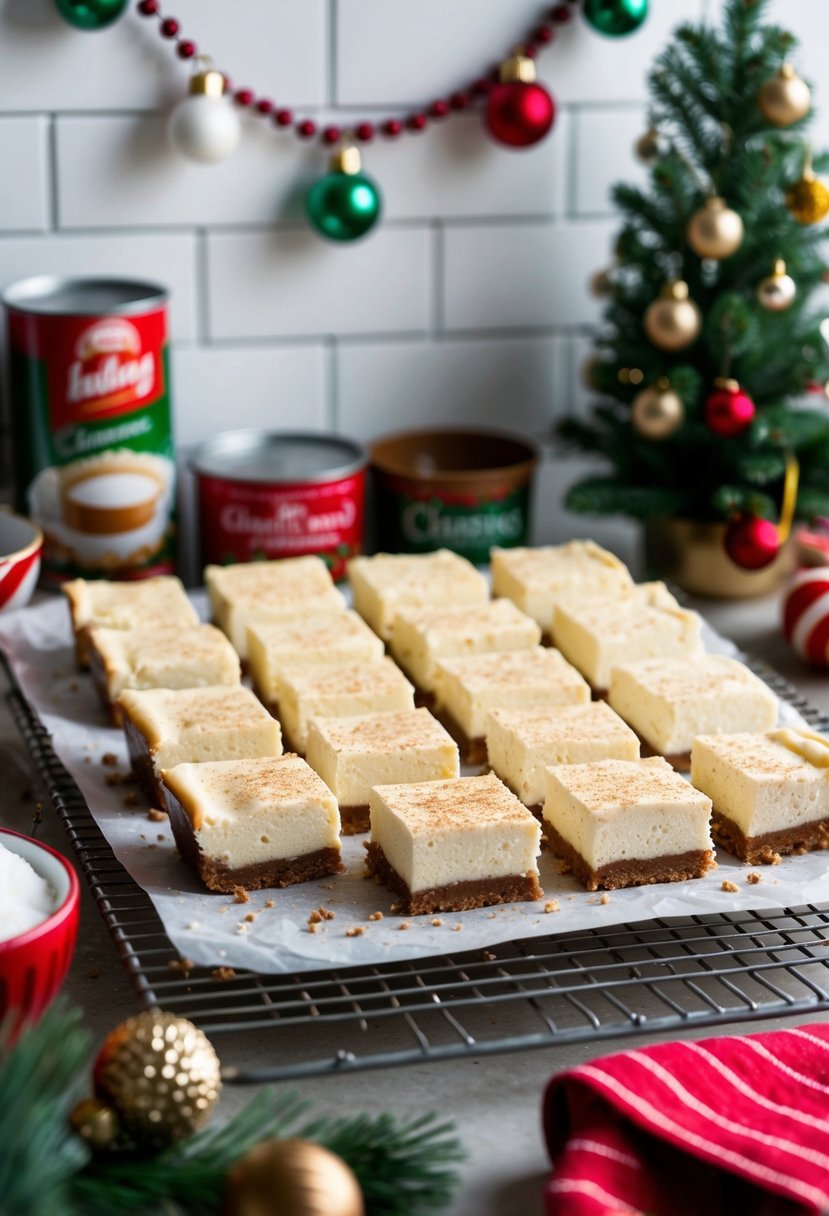 A festive kitchen scene with a tray of eggnog cheesecake bars cooling on a wire rack, surrounded by holiday decorations and baking ingredients