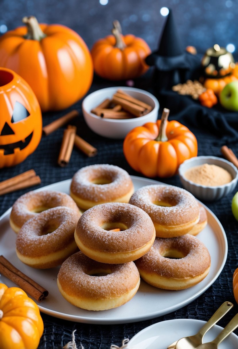 A table set with freshly baked cinnamon apple cider donuts, surrounded by Halloween decorations and seasonal brunch ingredients