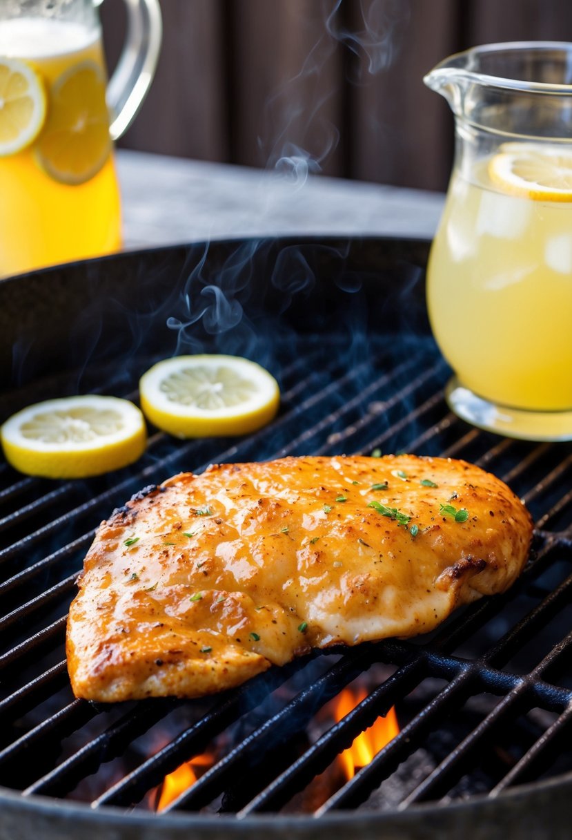 A sizzling chicken breast glazed with frozen lemonade concentrate on a smoky grill. Lemon slices and a pitcher of lemonade sit nearby