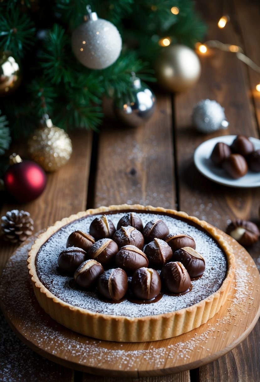 A rustic wooden table adorned with a festive chocolate tart topped with roasted chestnuts and dusted with powdered sugar, surrounded by holiday decorations