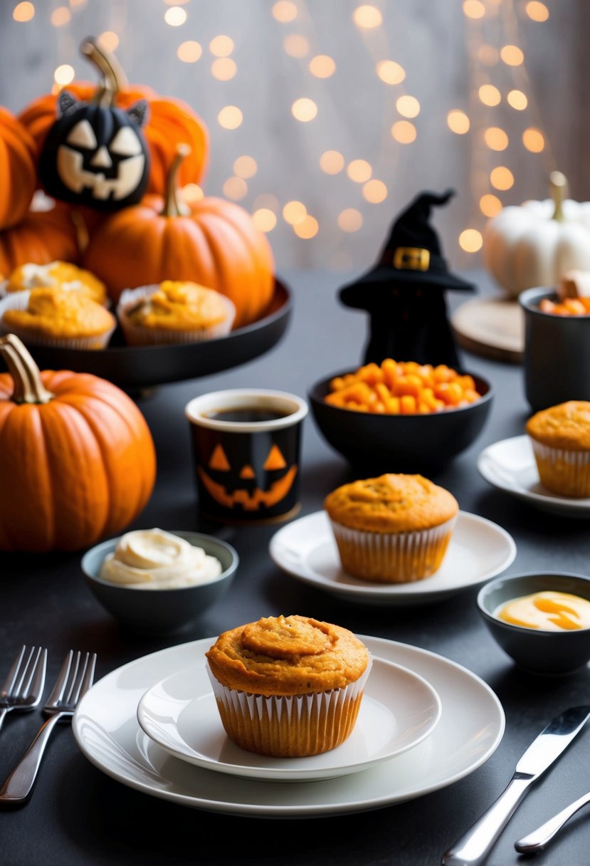 A table set with pumpkin cream cheese muffins, Halloween decorations, and brunch ingredients