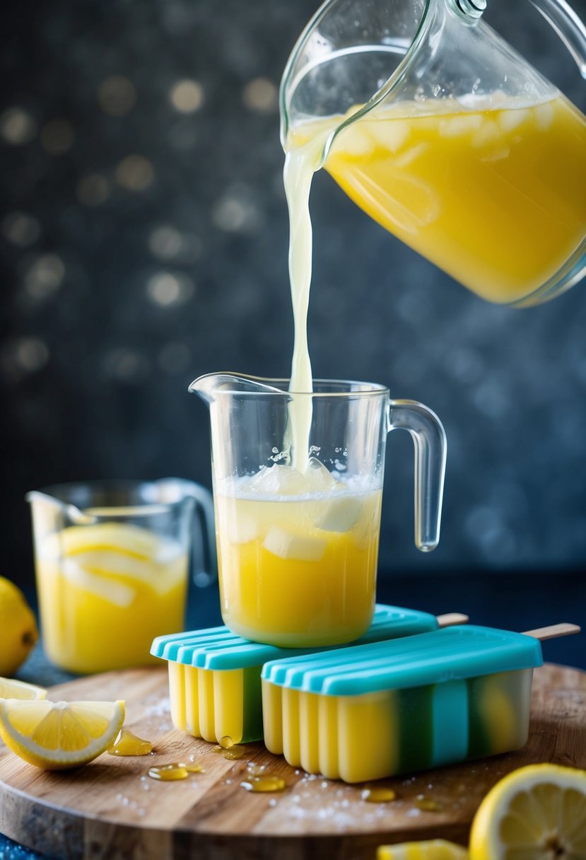 A pitcher of lemonade concentrate is poured into popsicle molds, then placed in the freezer to create refreshing lemonade popsicles