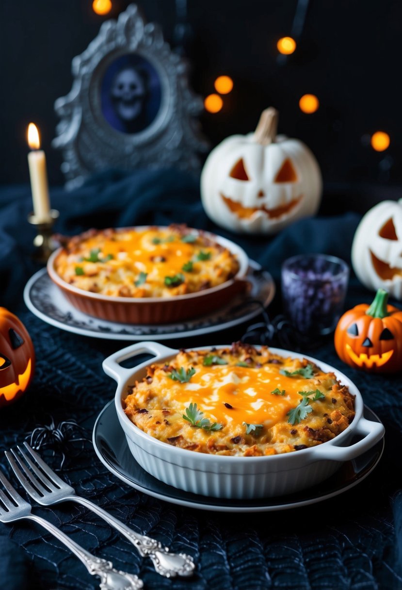 A spooky brunch table adorned with haunted hash brown casserole, surrounded by eerie Halloween decorations