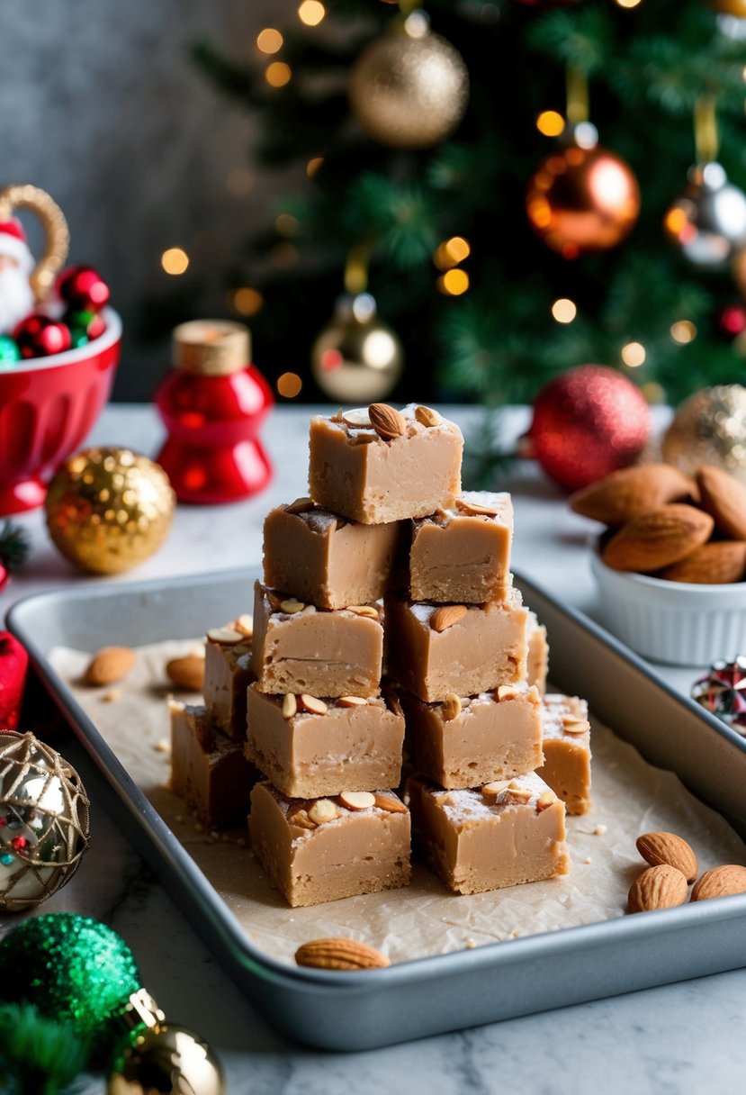 A festive kitchen scene with a tray of almond amaretto fudge surrounded by holiday baking ingredients and decorations