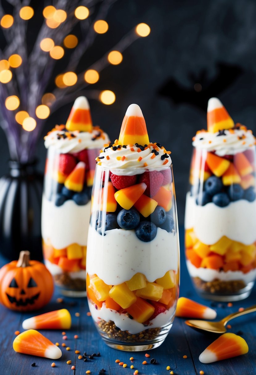 A colorful parfait glass filled with layers of candy corn, fruit, and creamy yogurt, topped with a sprinkle of Halloween-themed decorations