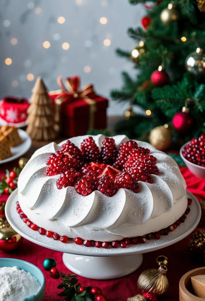 A festive pomegranate pavlova sits on a holiday-themed table surrounded by Christmas decorations and baking ingredients