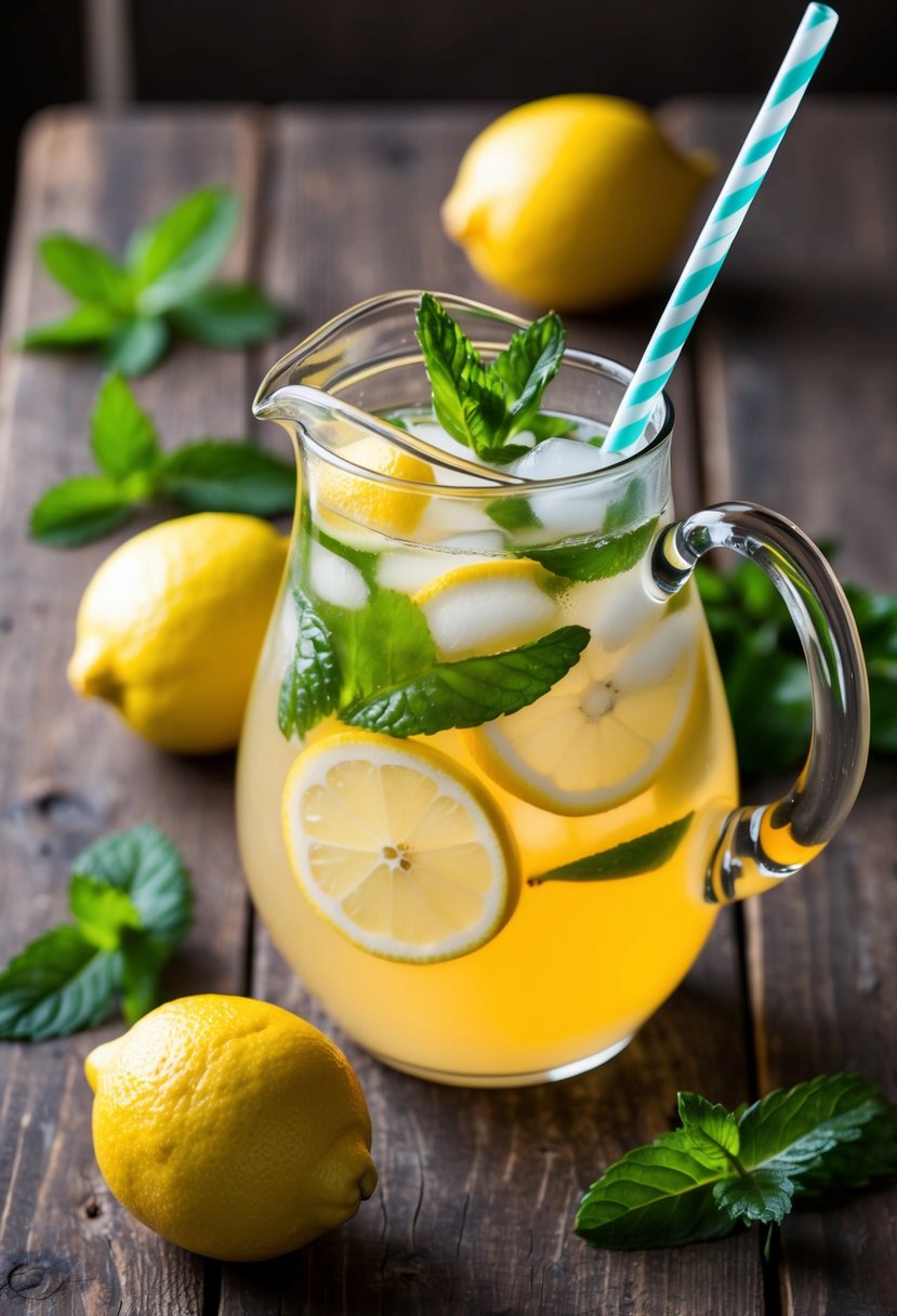 A pitcher of iced lemonade tea sits on a rustic wooden table, surrounded by fresh lemons and mint leaves. A swirling straw is placed in the glass, condensation glistening on its surface