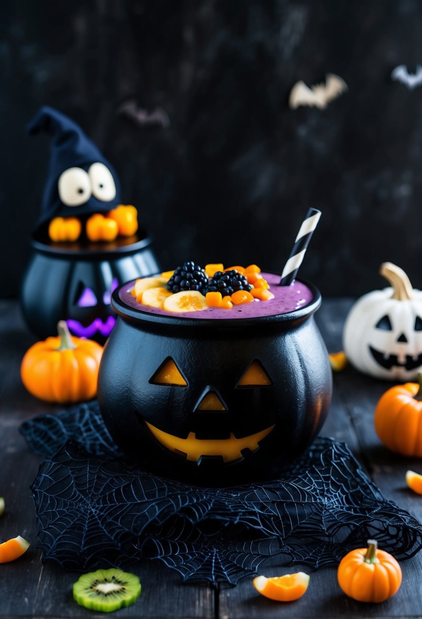 A cauldron-shaped smoothie bowl surrounded by spooky halloween-themed fruits and toppings on a dark, eerie background