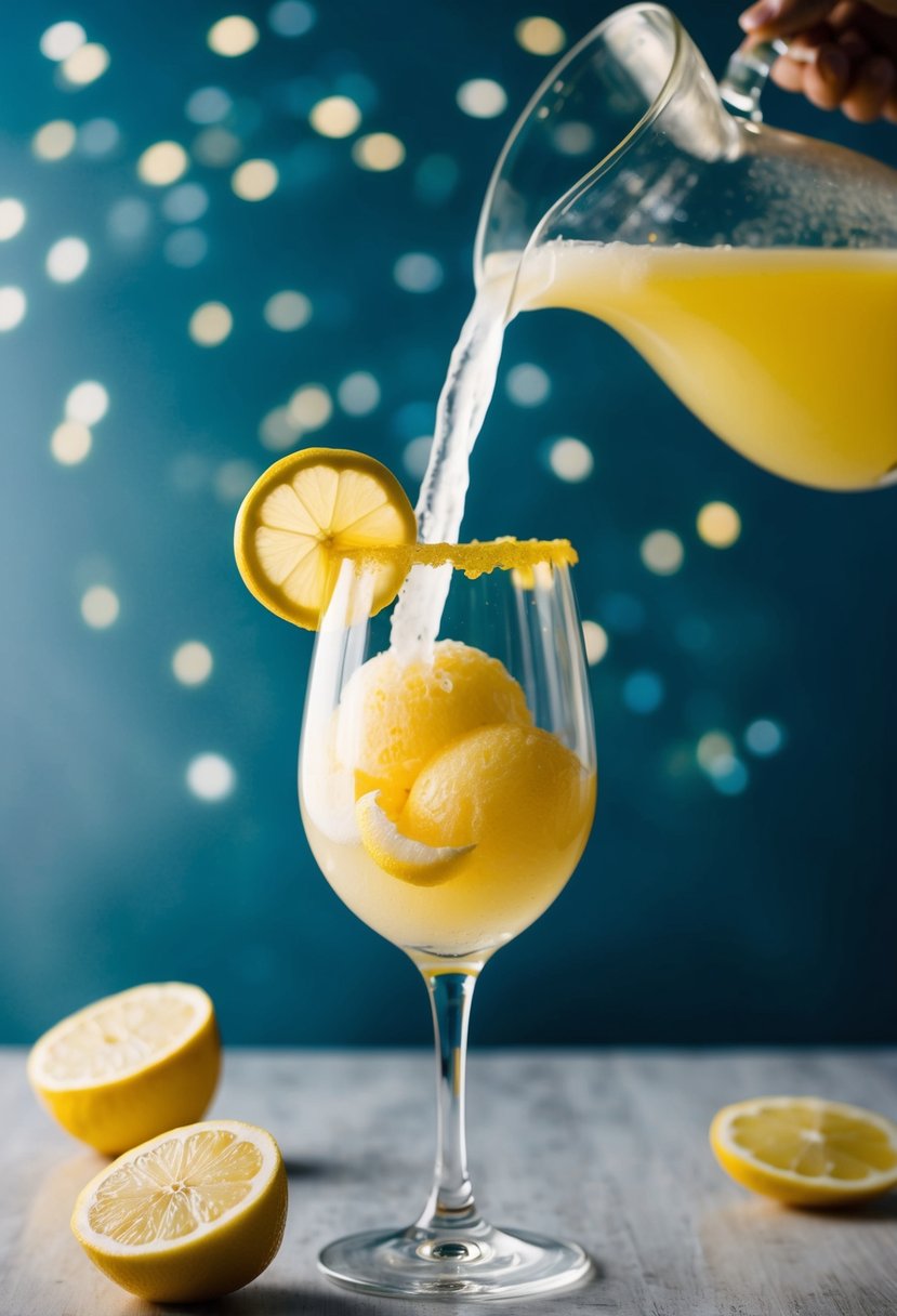 A pitcher of lemonade sorbet being poured into a glass with a lemon slice on the rim