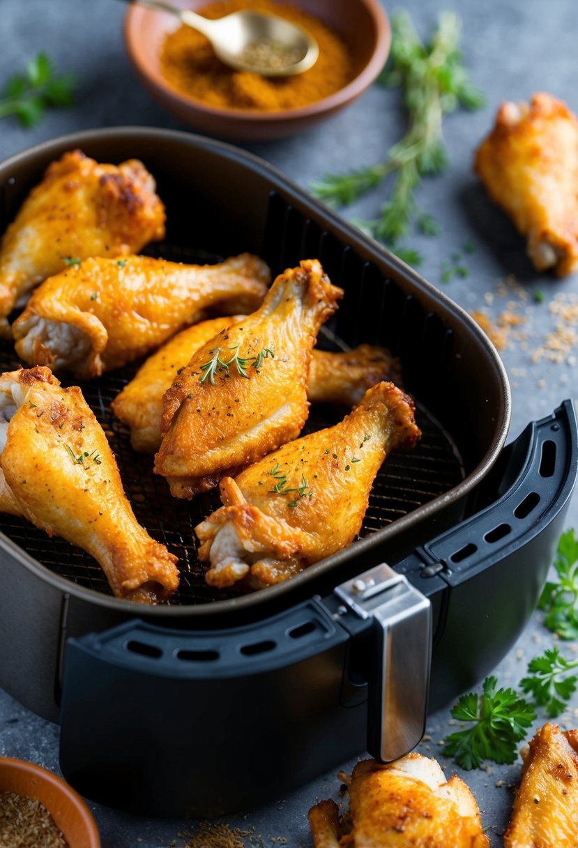 Golden crispy chicken wings sizzling in an air fryer basket, surrounded by aromatic herbs and spices