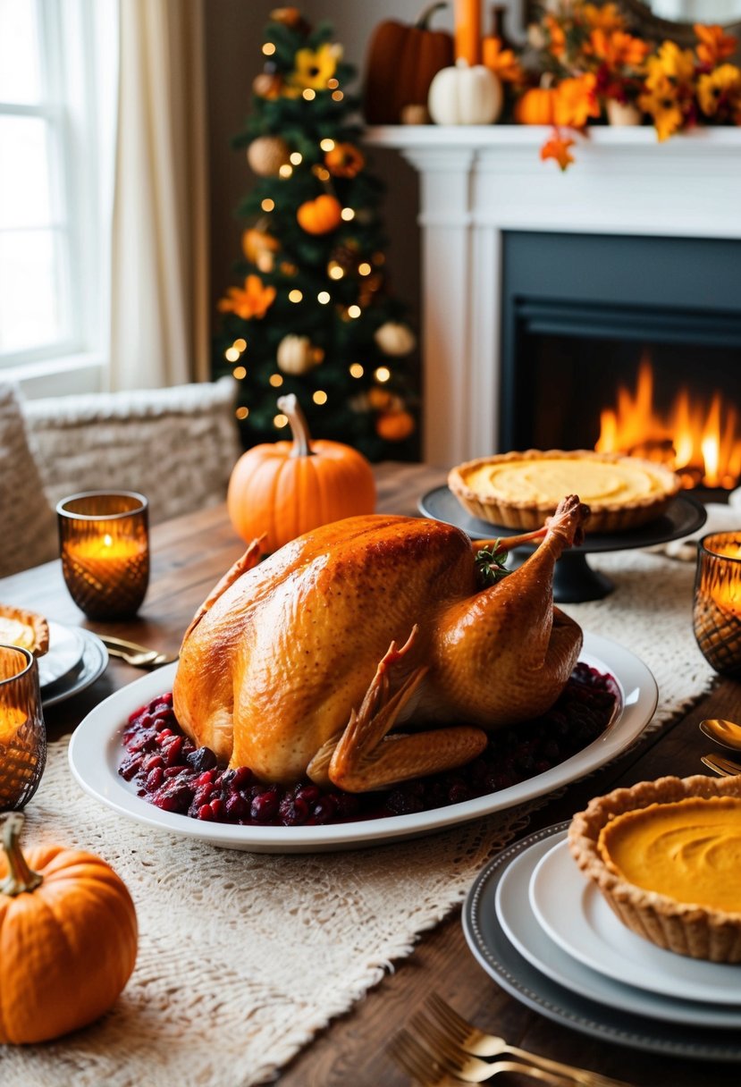 A table set with a roasted turkey, cranberry sauce, mashed potatoes, and pumpkin pie. A warm, inviting atmosphere with fall decorations and a cozy fireplace