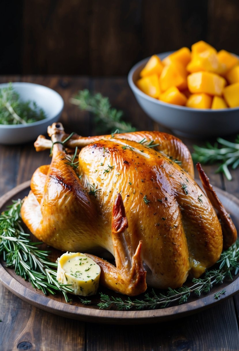 A golden-brown roast turkey, glistening with herb-infused butter, surrounded by sprigs of fresh rosemary and thyme, set on a rustic wooden platter