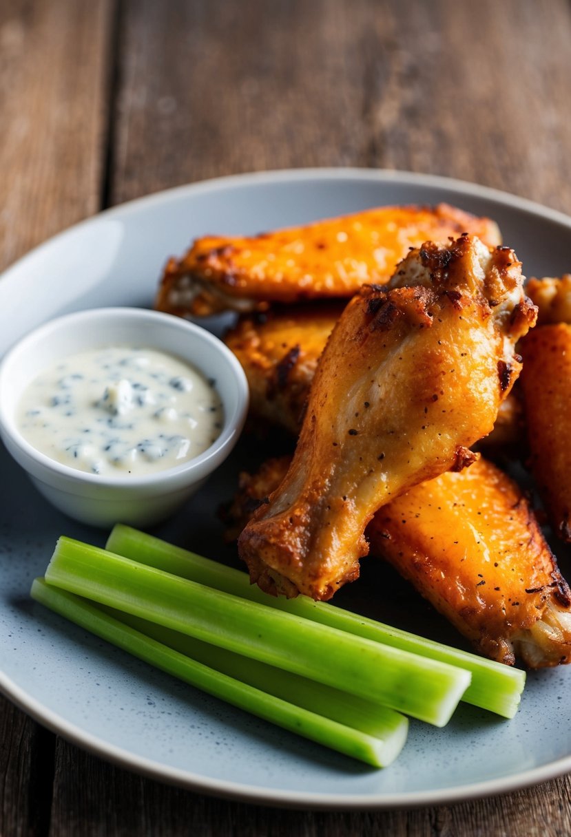 A plate of sizzling buffalo wings fresh out of the air fryer, with a side of celery sticks and a small dish of blue cheese dressing