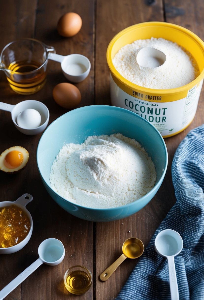 A wooden table with a mixing bowl, measuring cups, and a bag of coconut flour surrounded by various ingredients like eggs, honey, and fruit