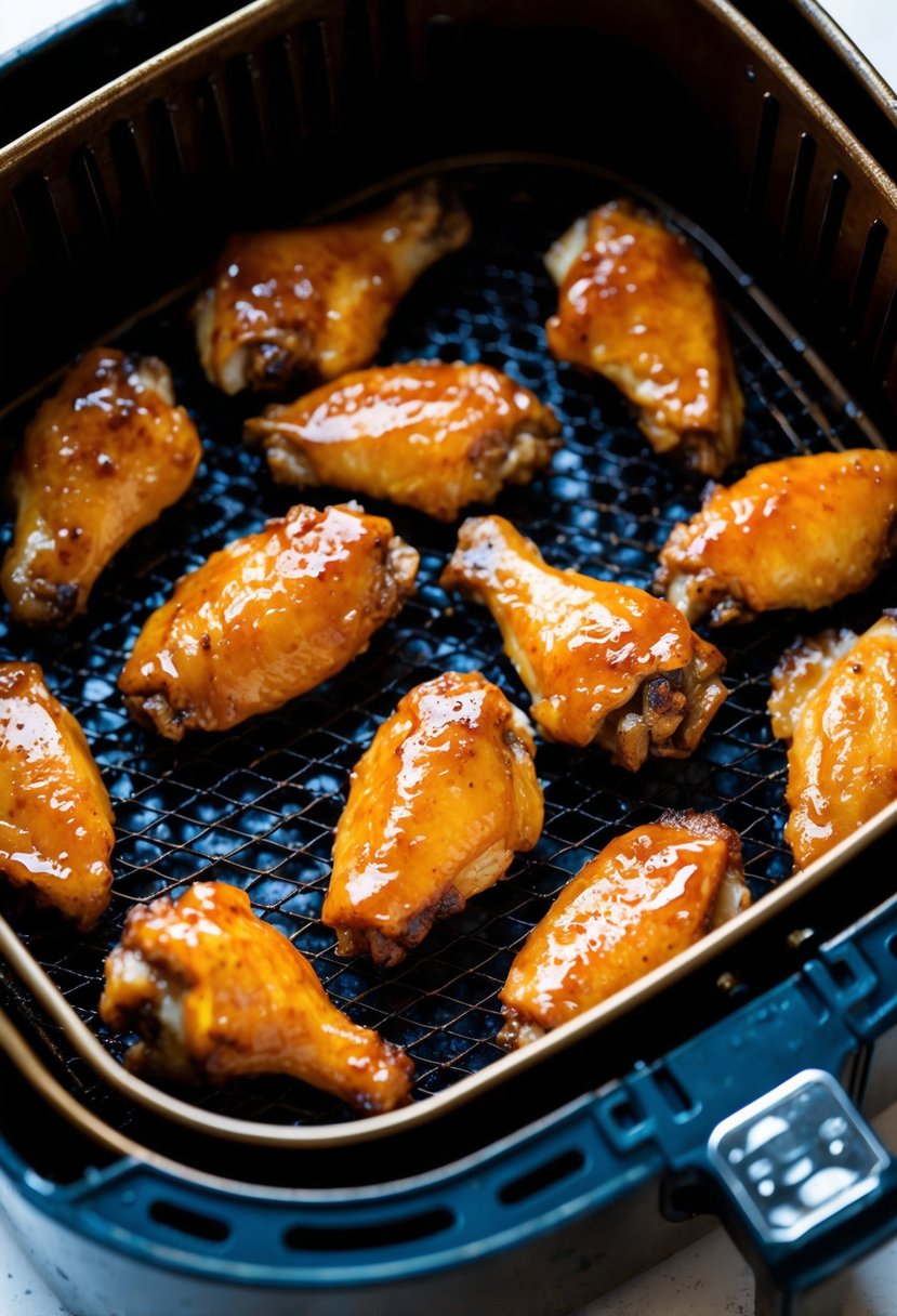 Chicken wings coated in honey garlic glaze sizzling in an air fryer basket