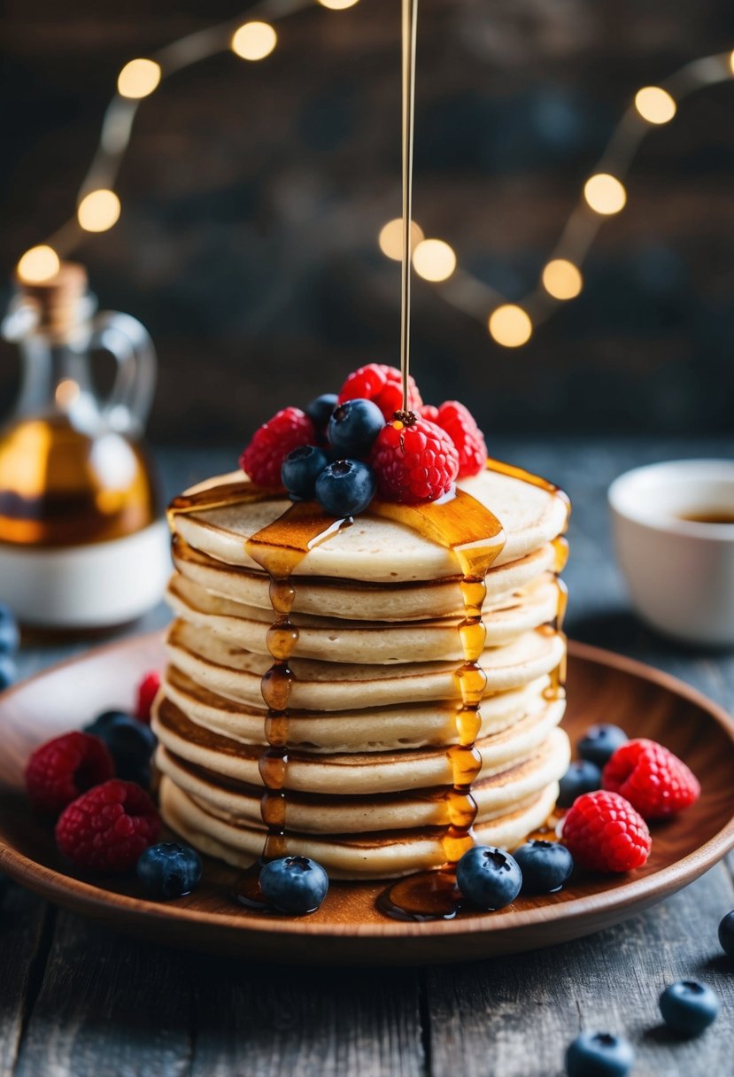 A stack of coconut flour pancakes topped with fresh berries and drizzled with maple syrup on a wooden plate