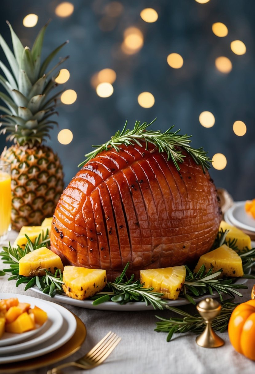 A golden-brown honey-glazed ham surrounded by sprigs of rosemary and garnished with pineapple slices, on a festive Thanksgiving table