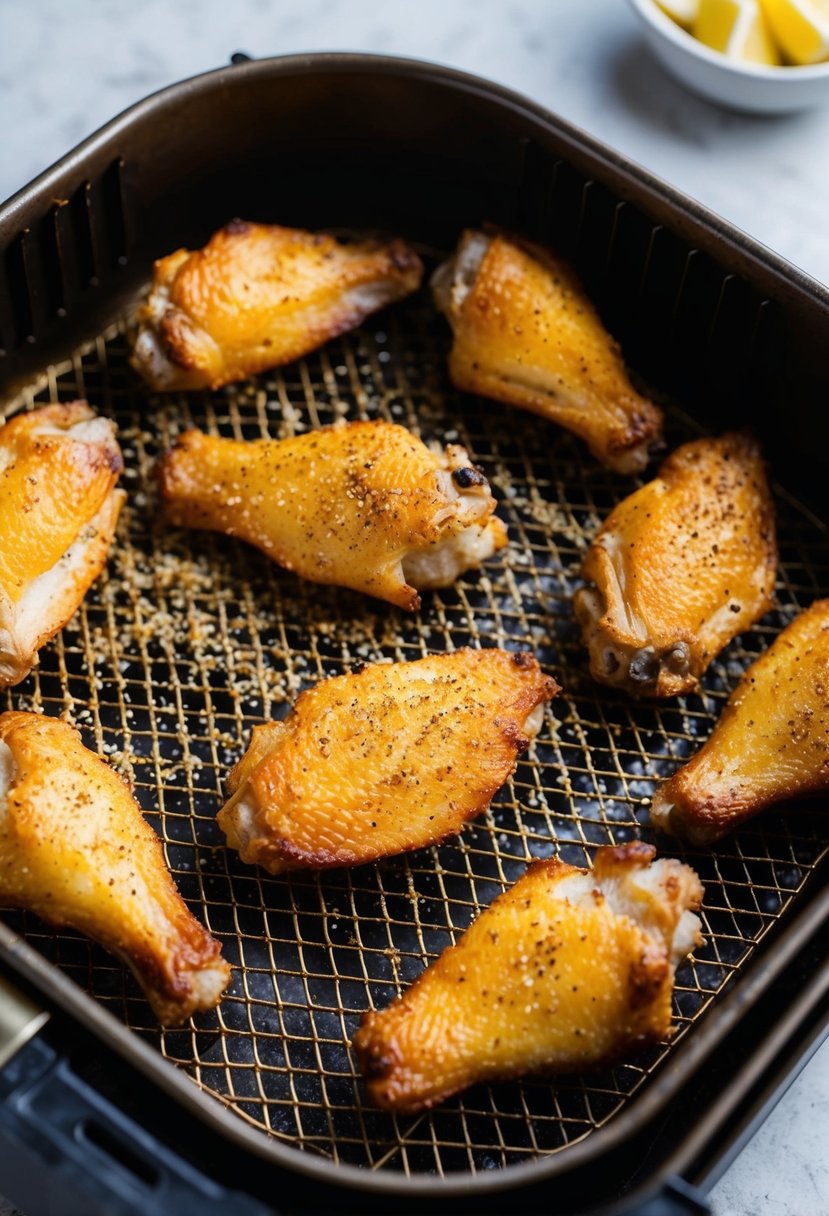 Golden brown wings sizzling in an air fryer, sprinkled with zesty lemon pepper seasoning