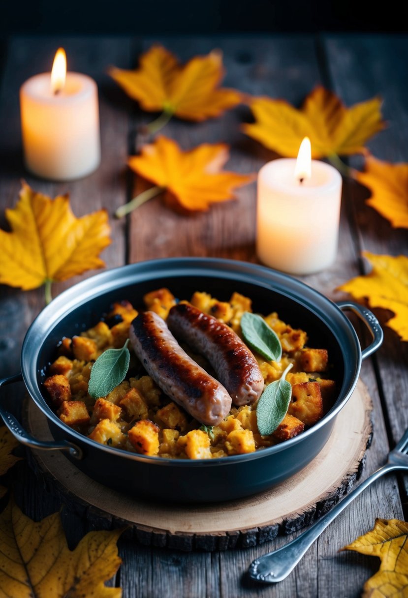 A rustic wooden table set with a steaming dish of sausage and sage stuffing, surrounded by autumn leaves and flickering candlelight