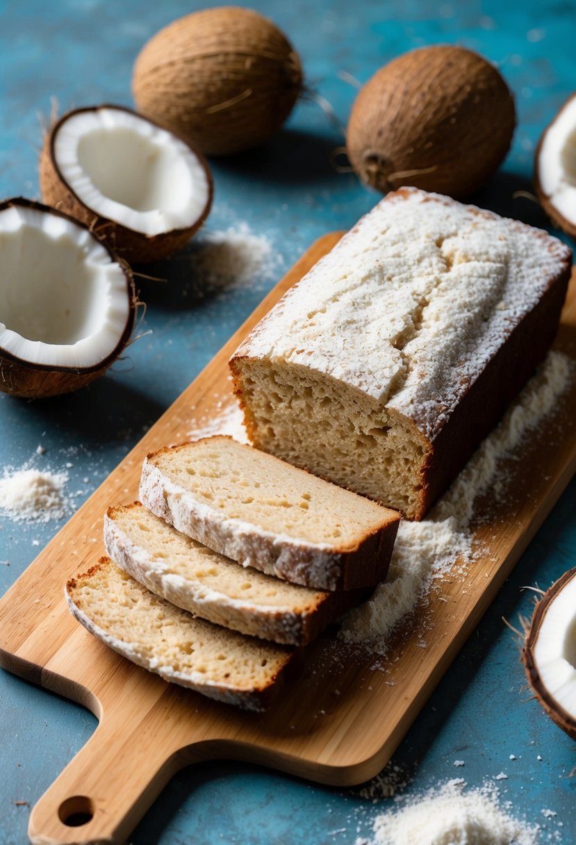 A loaf of gluten-free coconut flour bread surrounded by fresh coconuts and a scattering of coconut flour on a wooden cutting board