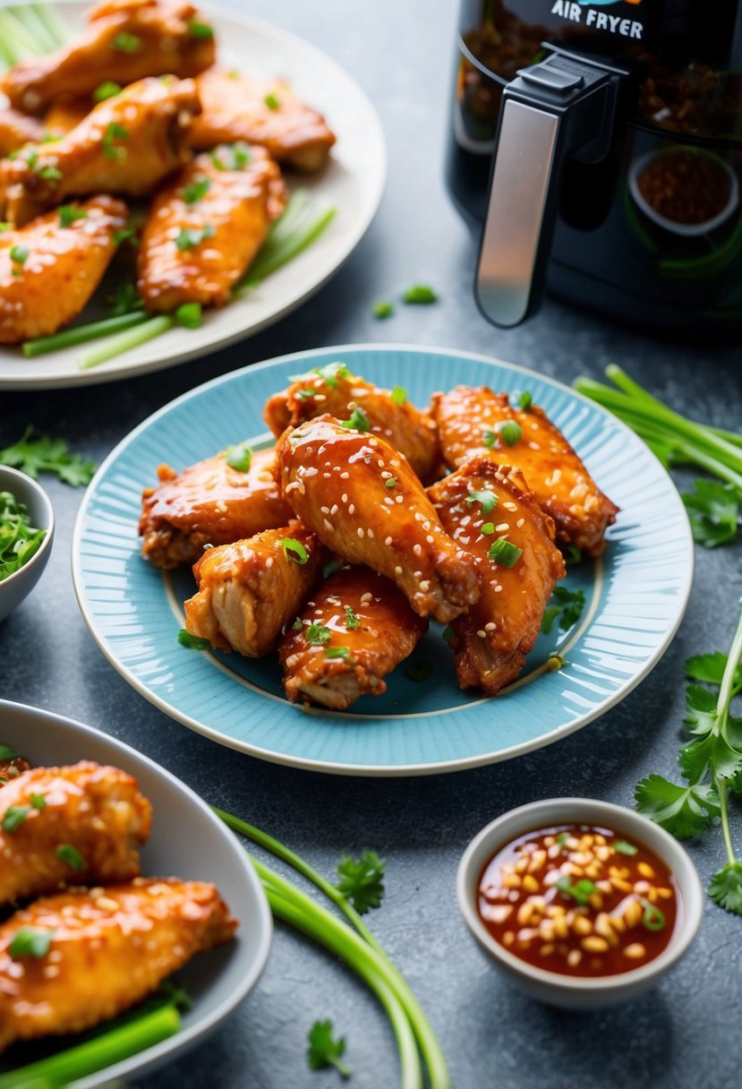 A plate of glistening teriyaki chicken wings sits next to a sleek air fryer, surrounded by vibrant green garnishes