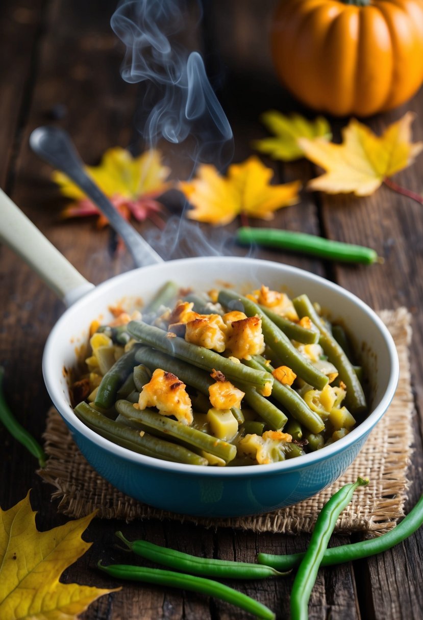 A steaming green bean casserole sits on a rustic wooden table, surrounded by autumn leaves and a scattering of fresh green beans