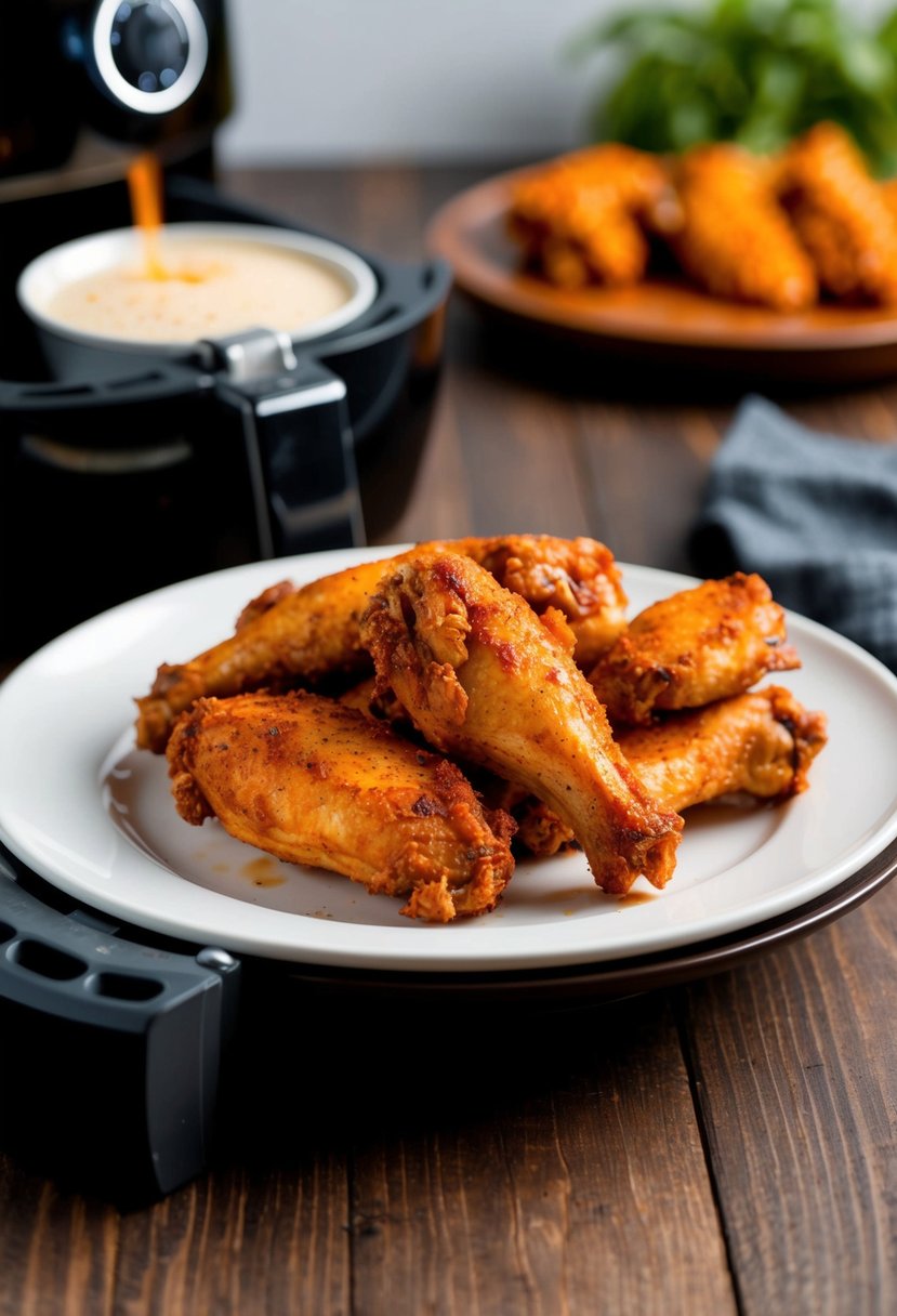 A plate of Cajun spice chicken wings sizzling in an air fryer