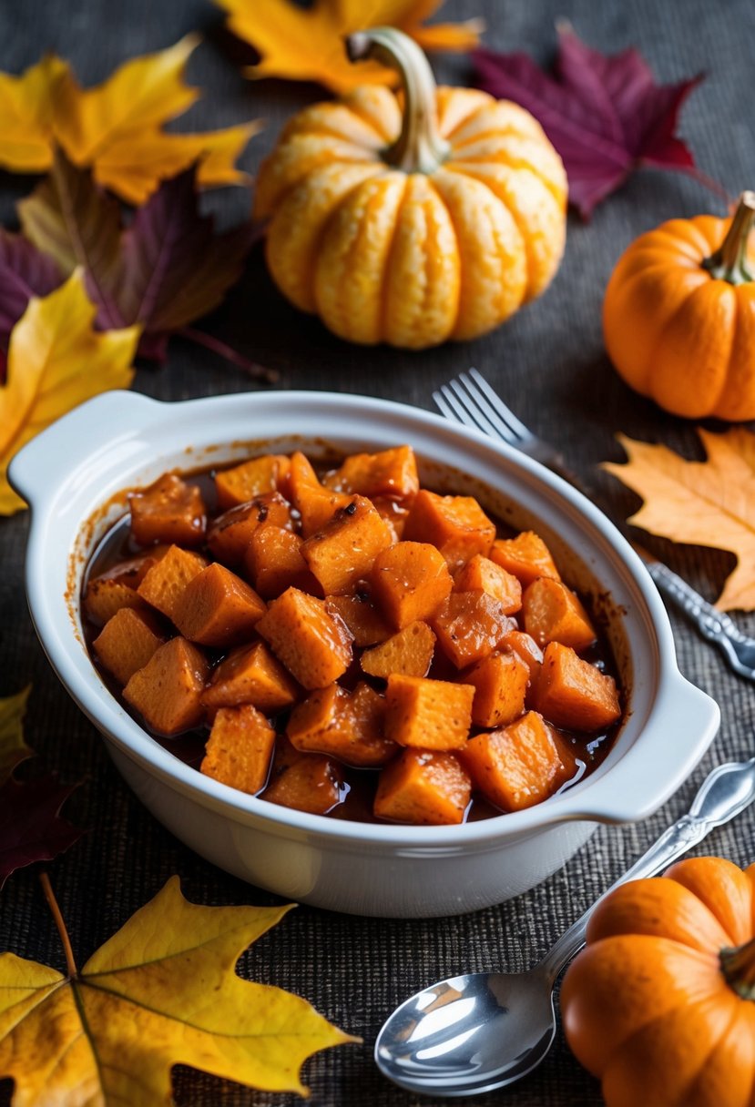 A table set with a steaming casserole dish of candied sweet potatoes, surrounded by autumn leaves and decorative gourds