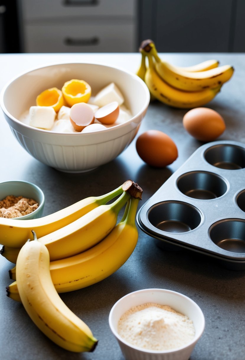 A kitchen counter with a mixing bowl, ripe bananas, coconut flour, eggs, and a muffin tin ready for baking