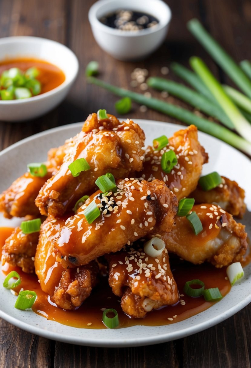 A plate of crispy air-fried chicken wings coated in a glossy sweet and sour sauce, garnished with sesame seeds and chopped green onions