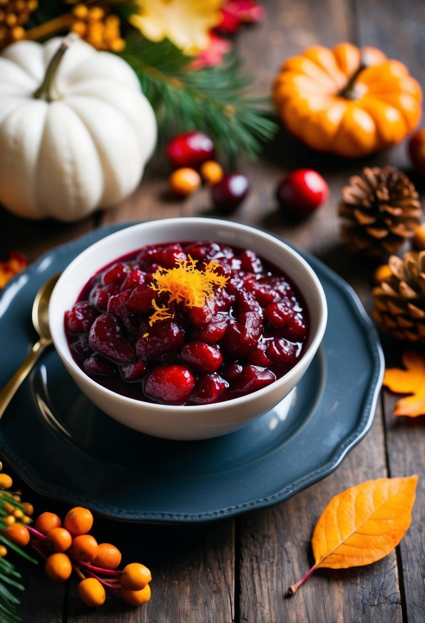 A bowl of cranberry sauce with orange zest, surrounded by fall foliage and a festive Thanksgiving table setting