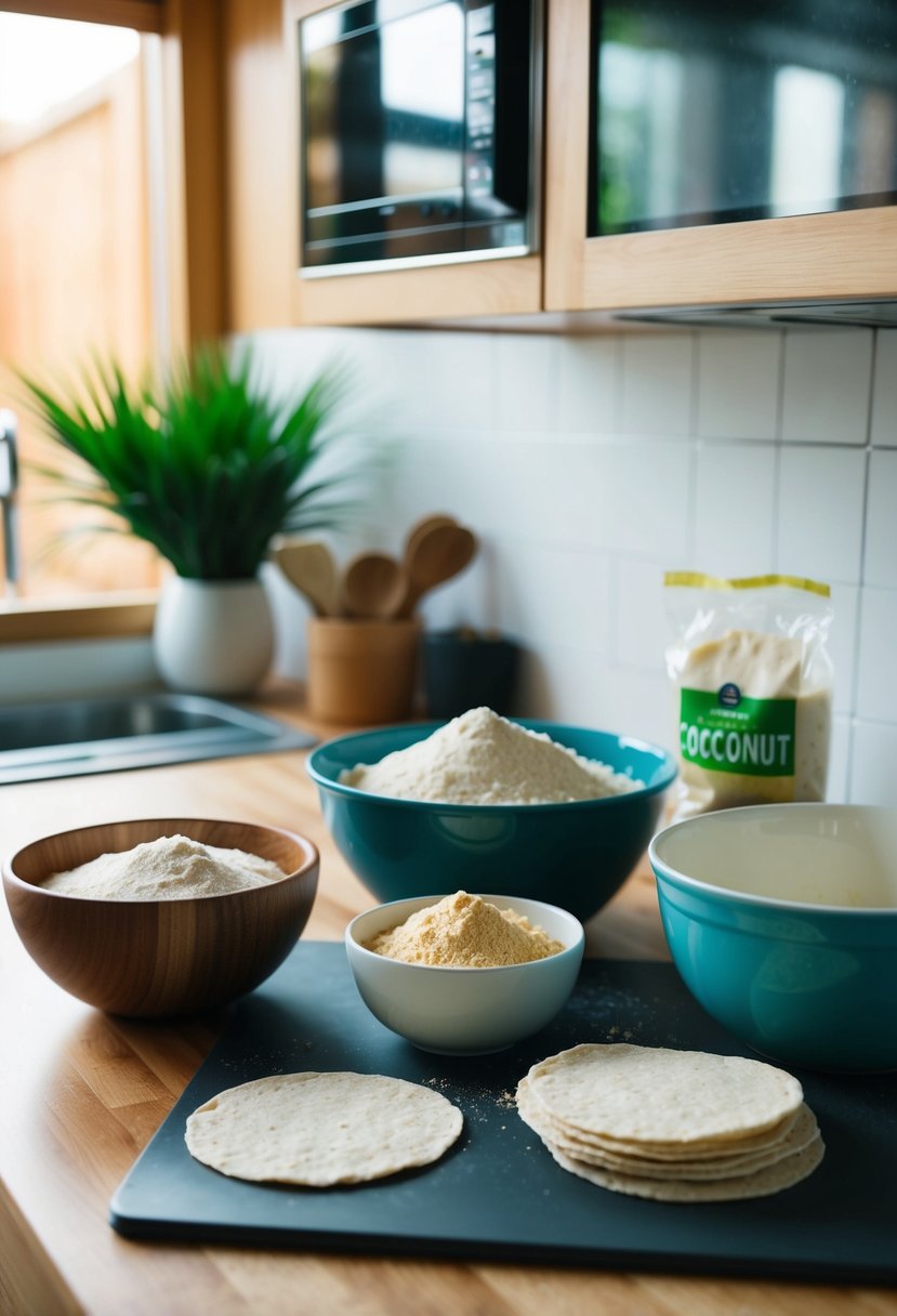 A kitchen counter with a mixing bowl, coconut flour, and other ingredients laid out for making low-carb coconut flour tortillas